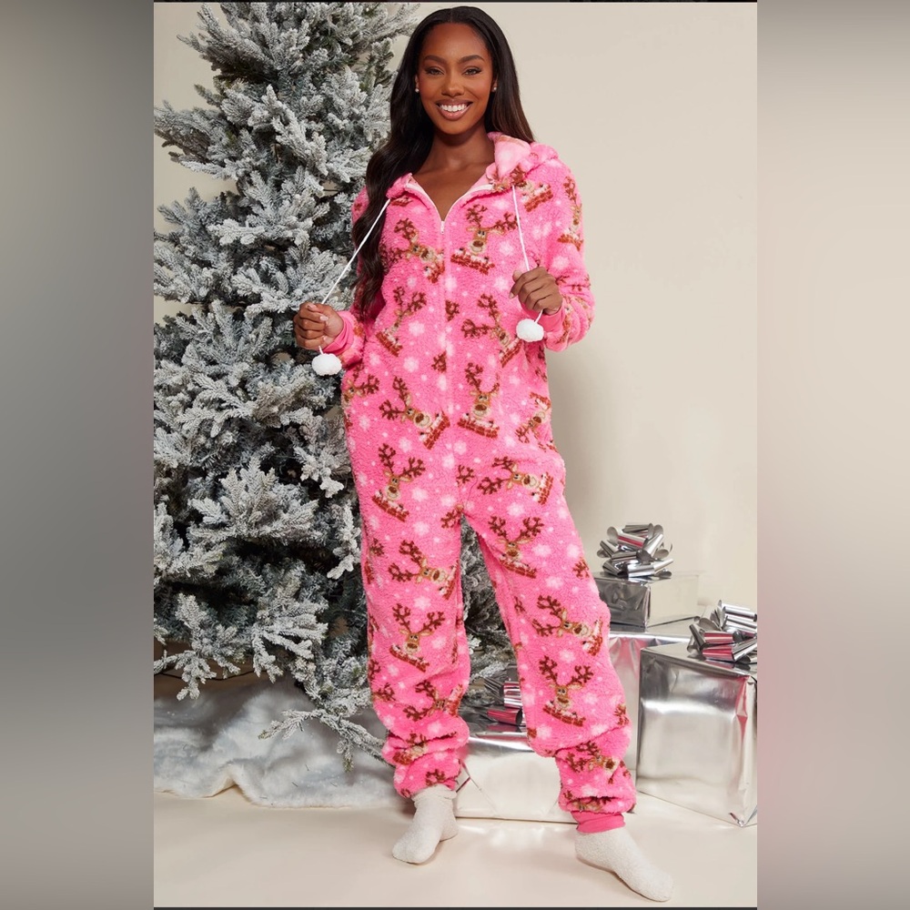 Fashion Nova pink reindeer onesie